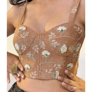 Embroidered Floral Bustier Tank Top - Tan- Corset Bustier